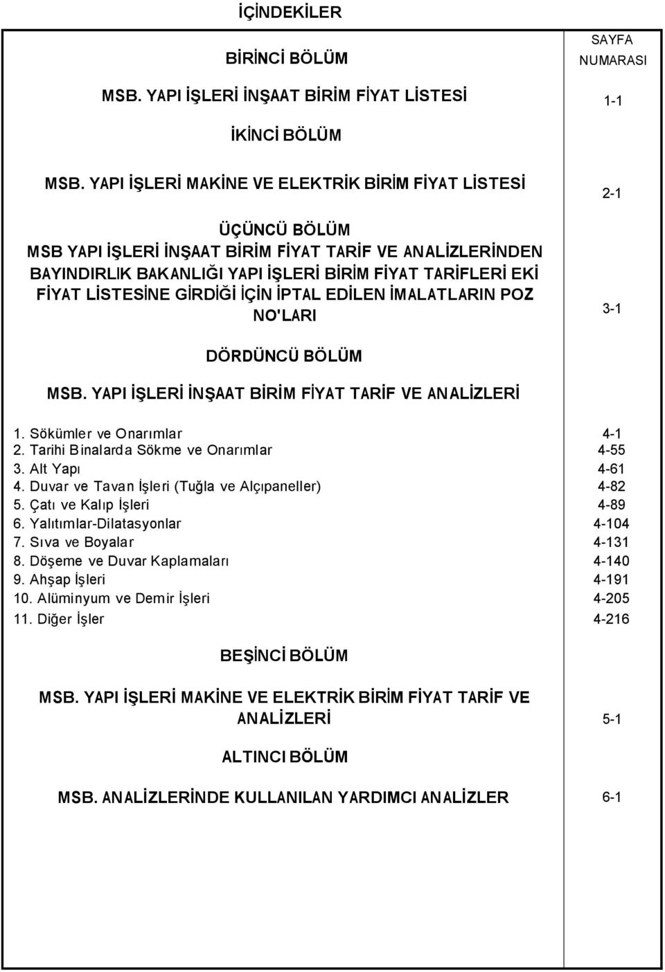 GİRDİĞİ İÇİN İPTAL EDİLEN İMALATLARIN POZ NO'LARI 2-1 3-1 DÖRDÜNCÜ BÖLÜM MSB. YAPI İŞLERİ İNŞAAT BİRİM FİYAT TARİF VE ANALİZLERİ 1. Sökümler ve Onarımlar 4-1 2.