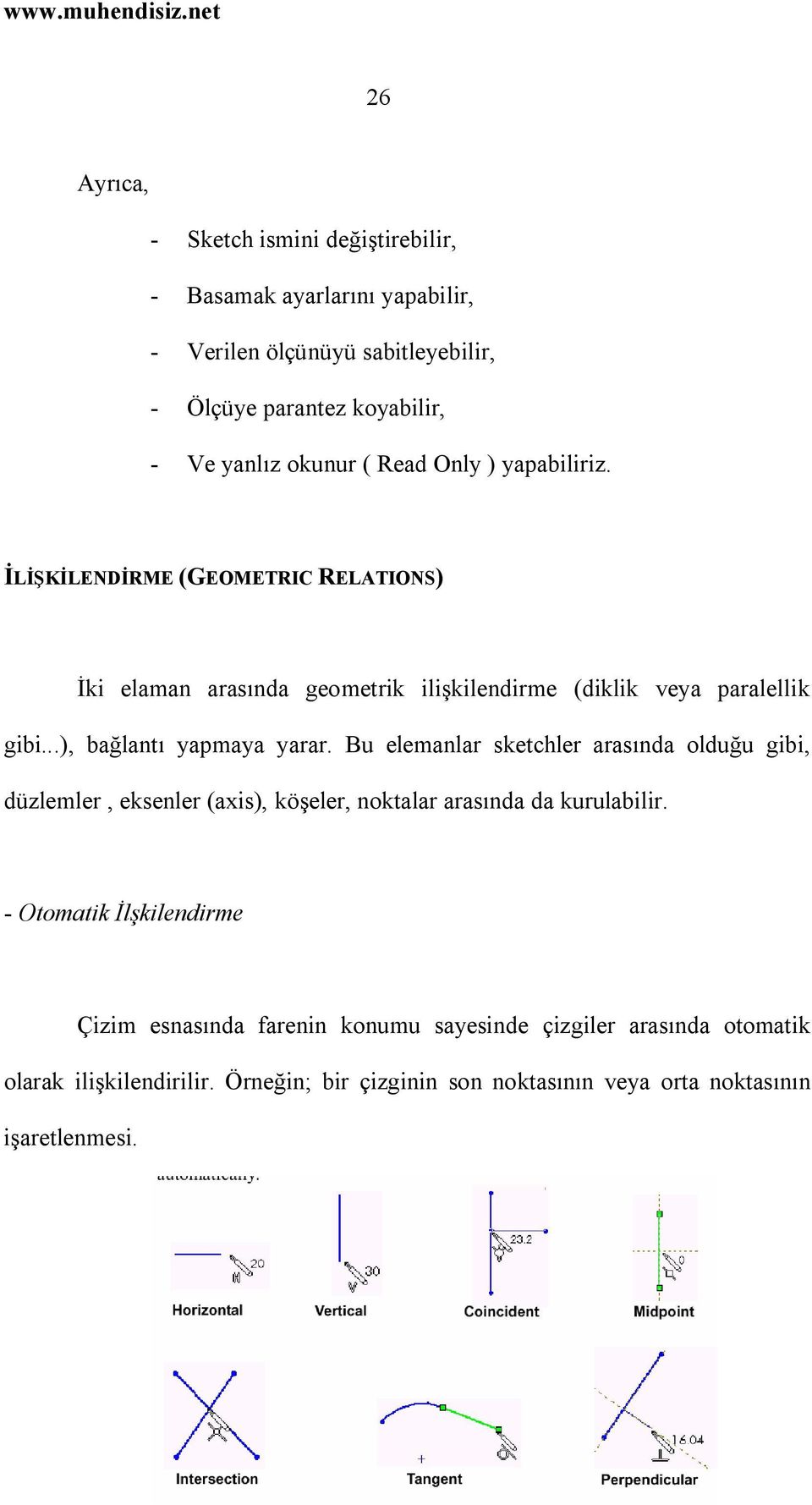 ..), bağlantı yapmaya yarar. Bu elemanlar sketchler arasında olduğu gibi, düzlemler, eksenler (axis), köşeler, noktalar arasında da kurulabilir.