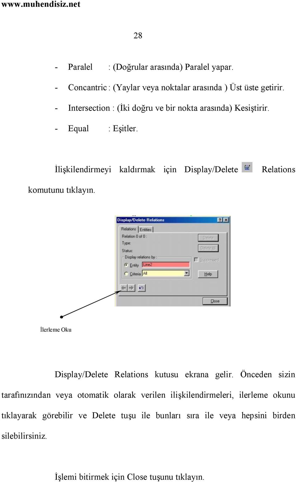 İlişkilendirmeyi kaldırmak için Display/Delete Relations komutunu tıklayın. İlerleme Oku Display/Delete Relations kutusu ekrana gelir.