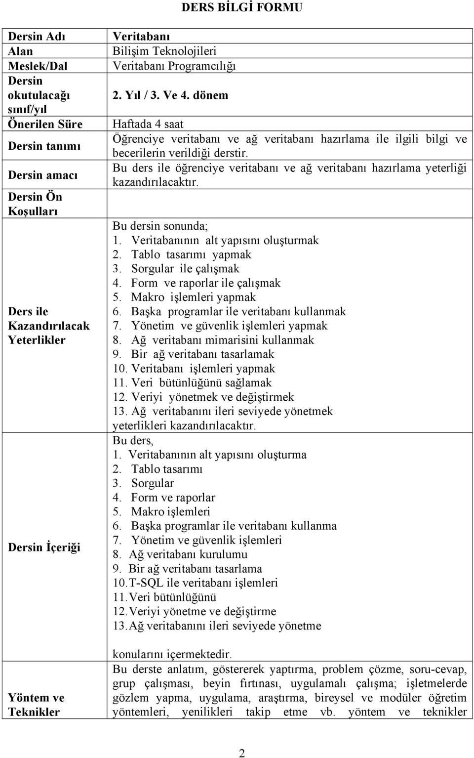 dönem Haftada 4 saat Öğrenciye veritabanı ve ağ veritabanı hazırlama ile ilgili bilgi ve becerilerin verildiği derstir.