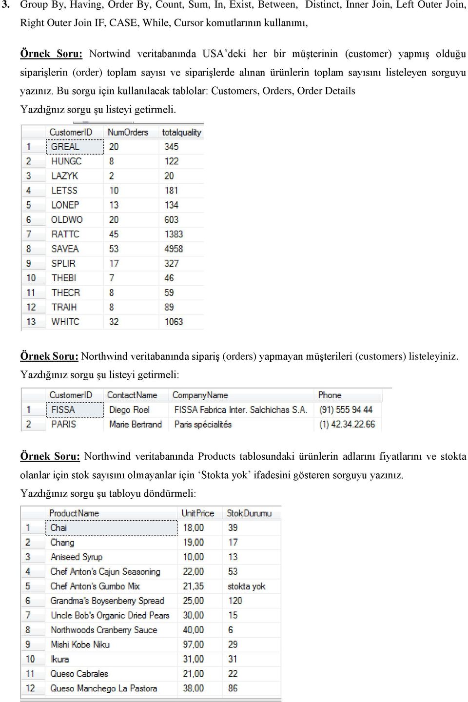 Bu sorgu için kullanılacak tablolar: Customers, Orders, Order Details Yazdığnız sorgu şu listeyi getirmeli.