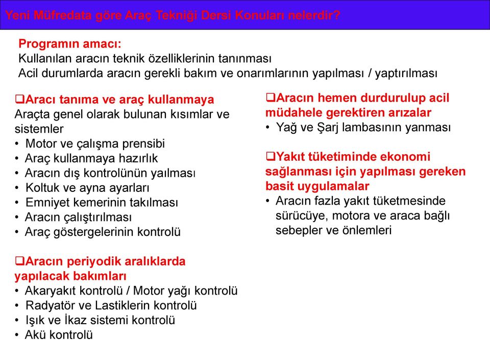 bulunan kısımlar ve sistemler Motor ve çalışma prensibi Araç kullanmaya hazırlık Aracın dış kontrolünün yaılması Koltuk ve ayna ayarları Emniyet kemerinin takılması Aracın çalıştırılması Araç