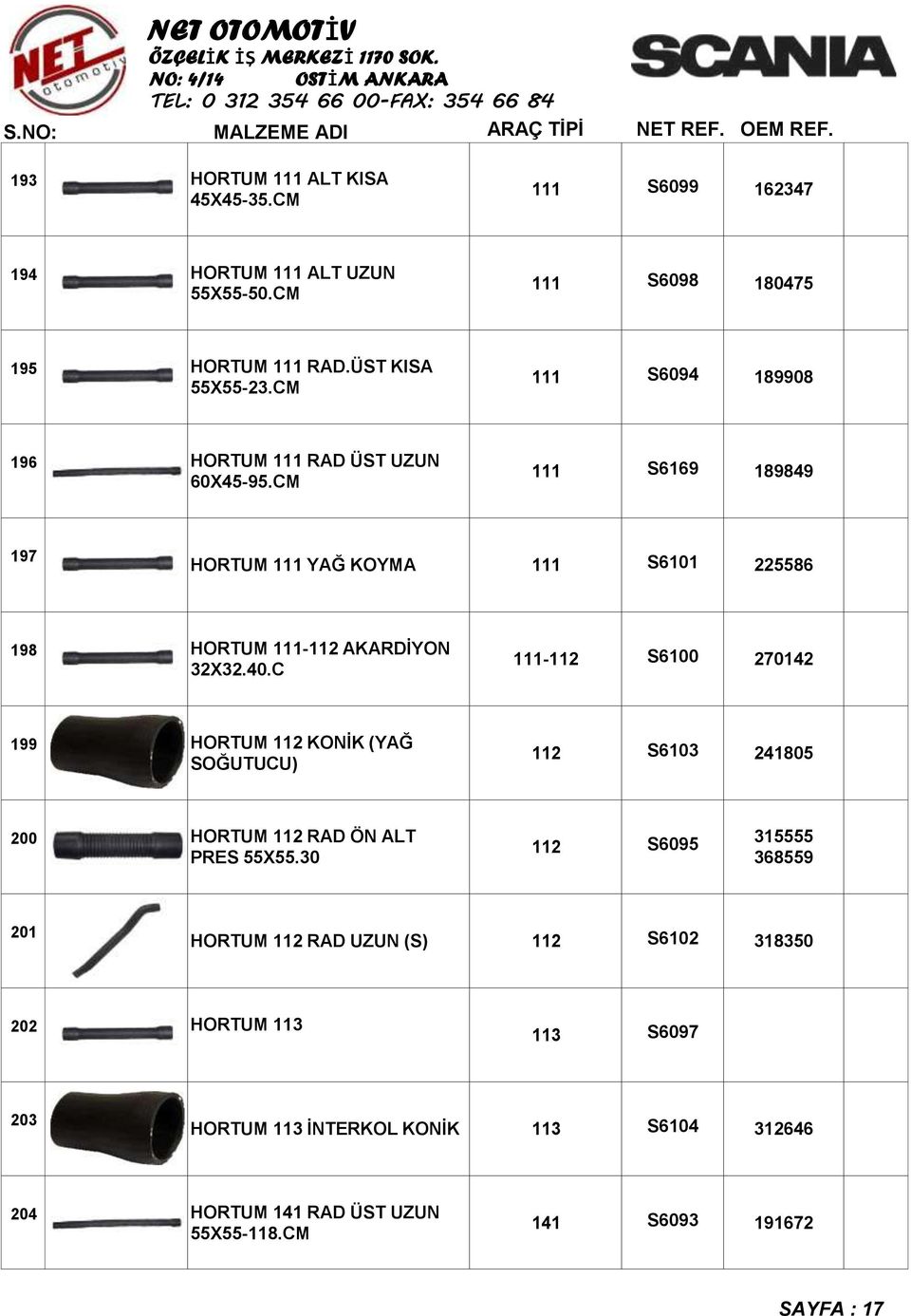 C 111-112 S6100 270142 199 HORTUM 112 KONİK (YAĞ SOĞUTUCU) 112 S6103 241805 200 HORTUM 112 RAD ÖN ALT PRES 55X55.