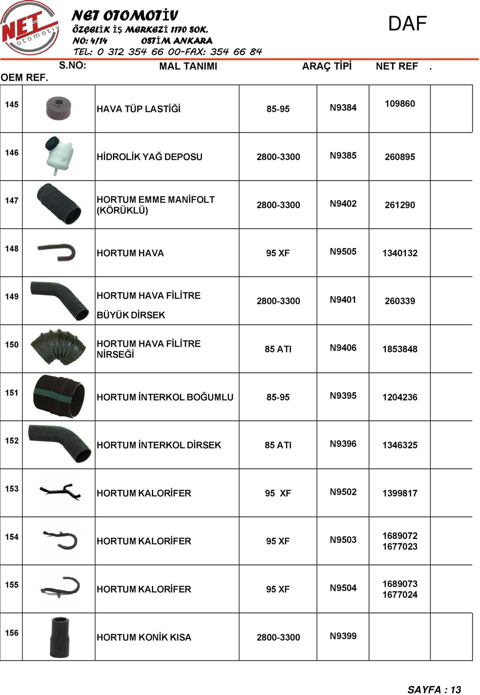 1853848 151 HORTUM İNTERKOL BOĞUMLU 85-95 N9395 1204236 152 HORTUM İNTERKOL DİRSEK 85 ATI N9396 1346325 153 HORTUM KALORİFER 95 XF N9502 1399817