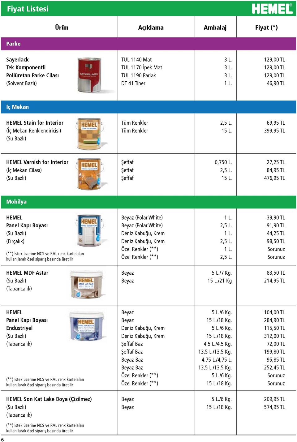69,95 TL (İç Mekan Renklendiricisi) Tüm Renkler 15 L. 399,95 TL HEMEL Varnish for Interior Şeffaf 0,750 L. 27,25 TL (İç Mekan Cilası) Şeffaf 2,5 L. 84,95 TL Şeffaf 15 L.