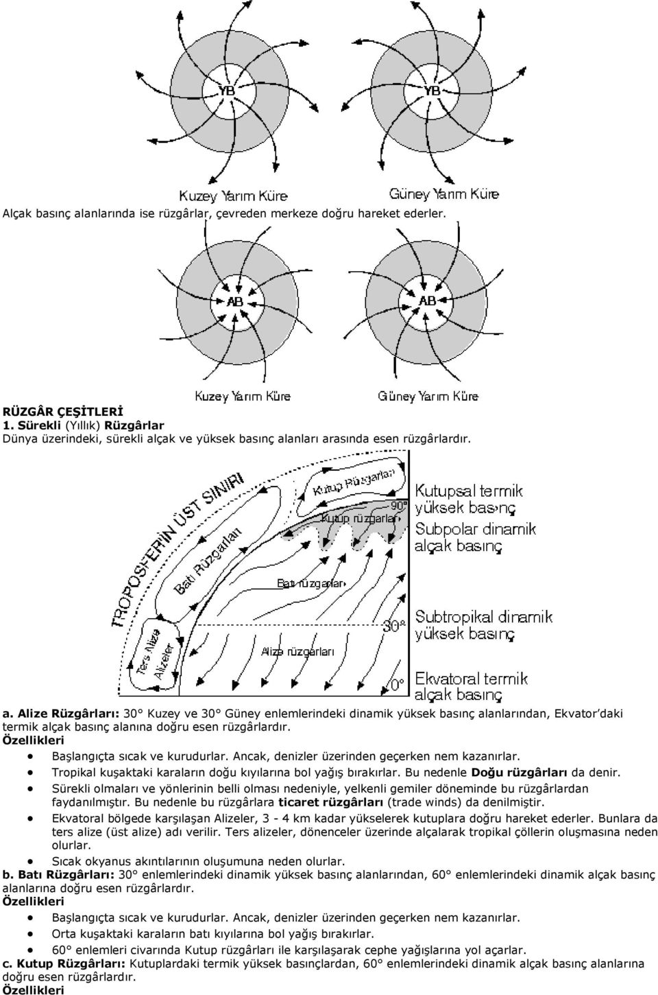çak ve yüksek basınç alanları arasında esen rüzgârlardır. a. Alize Rüzgârları: 30 Kuzey ve 30 Güney enlemlerindeki dinamik yüksek basınç alanlarından, Ekvator daki termik alçak basınç alanına doğru esen rüzgârlardır.