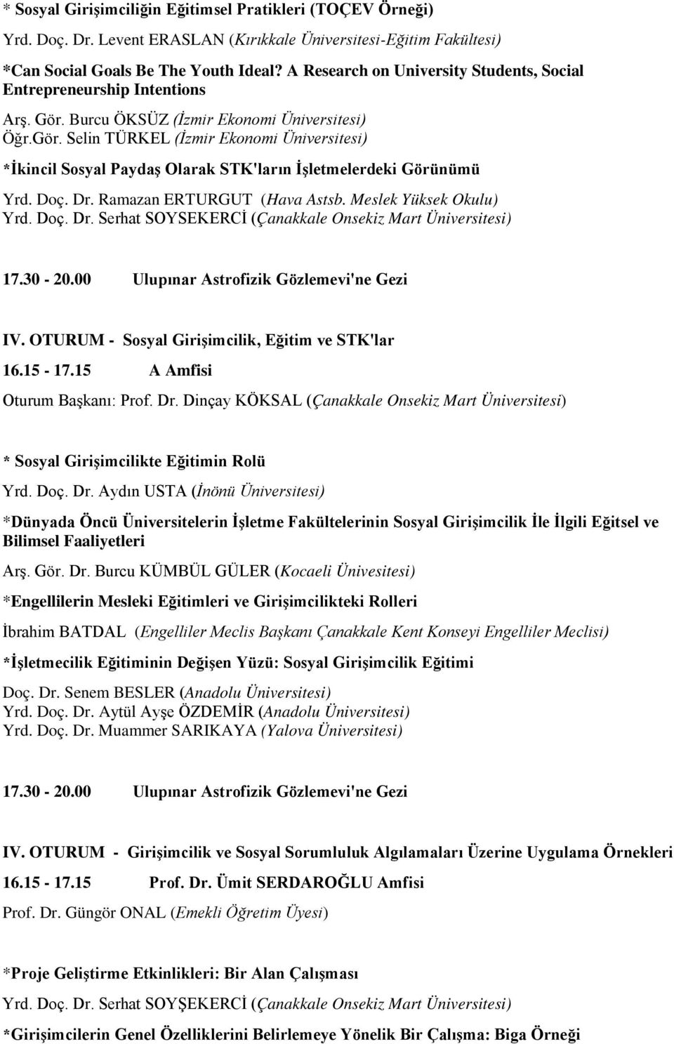 Doç. Dr. Ramazan ERTURGUT (Hava Astsb. Meslek Yüksek Okulu) Yrd. Doç. Dr. Serhat SOYSEKERCİ (Çanakkale Onsekiz Mart Üniversitesi) 17.30-20.00 Ulupınar Astrofizik Gözlemevi'ne Gezi IV.