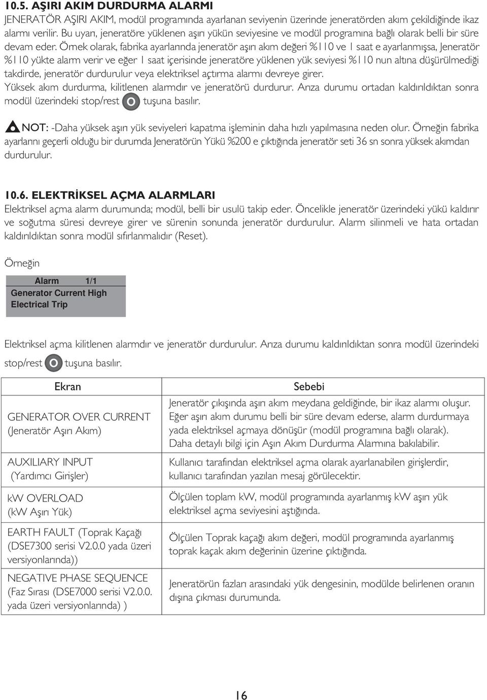 Örnek olarak, fabrika ayarlarında jeneratör aşırı akım değeri %110 ve 1 saat e ayarlanmışsa, Jeneratör %110 yükte alarm verir ve eğer 1 saat içerisinde jeneratöre yüklenen yük seviyesi %110 nun