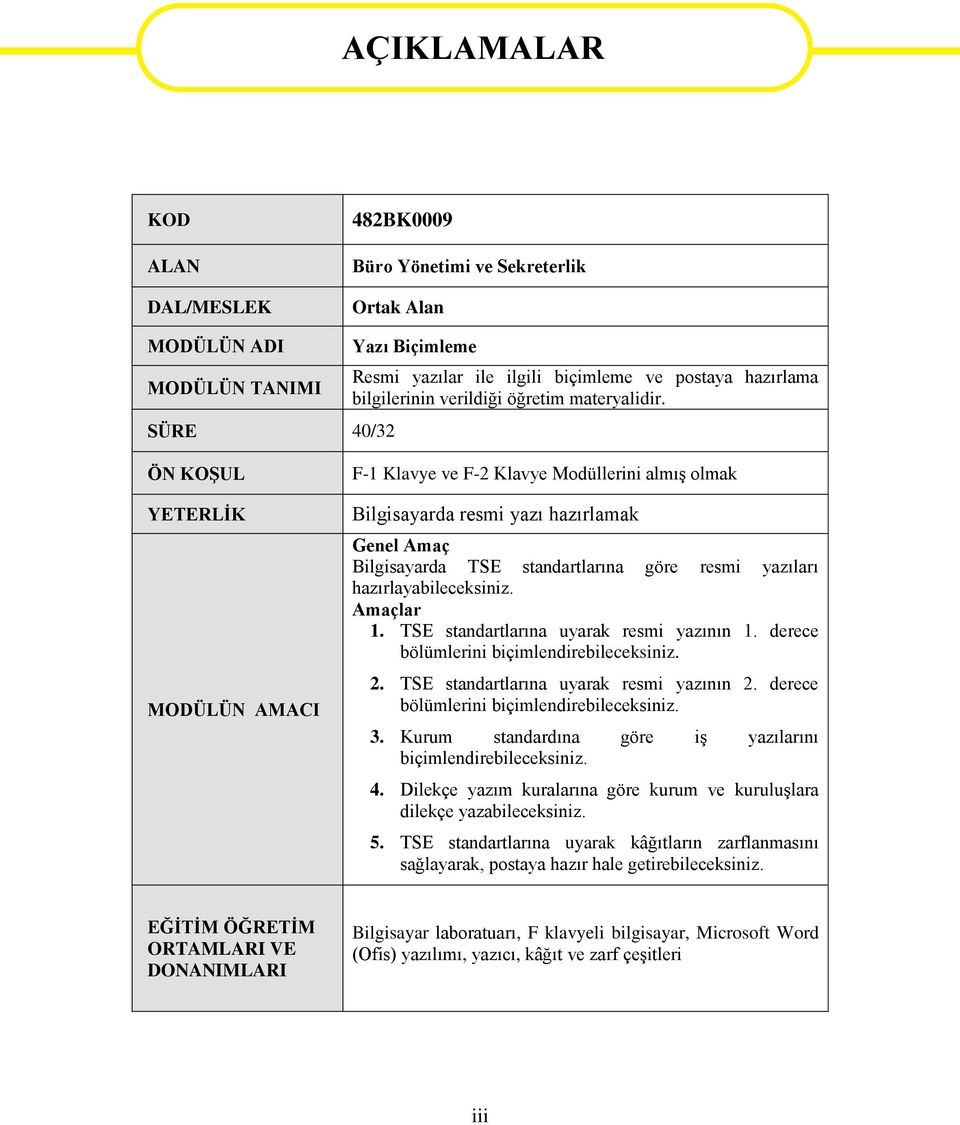 ÖN KOŞUL YETERLİK MODÜLÜN AMACI F-1 Klavye ve F-2 Klavye Modüllerini almış olmak Bilgisayarda resmi yazı hazırlamak Genel Amaç Bilgisayarda TSE standartlarına göre resmi yazıları