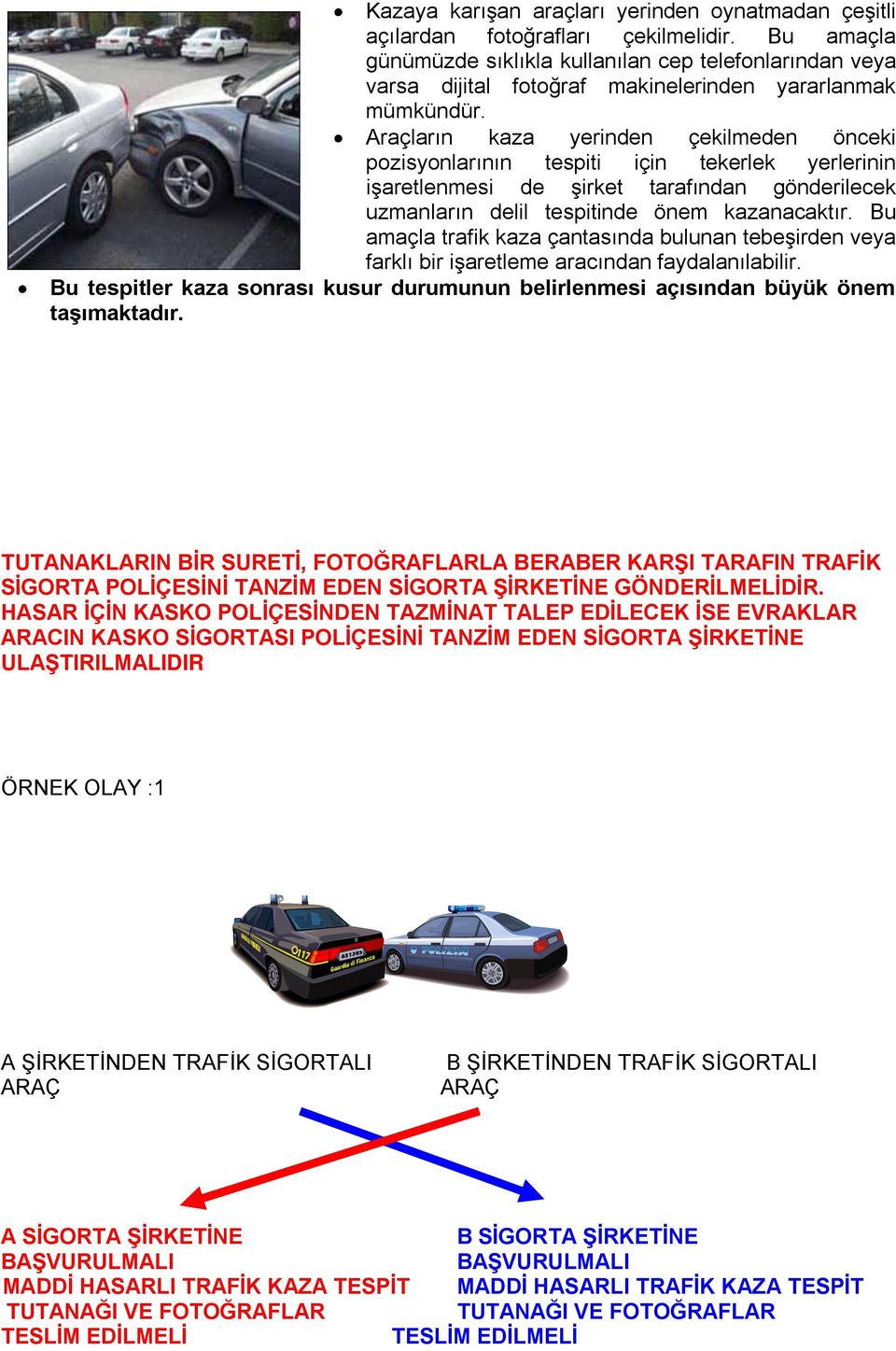 Araçların kaza yerinden çekilmeden önceki pozisyonlarının tespiti için tekerlek yerlerinin iģaretlenmesi de Ģirket tarafından gönderilecek uzmanların delil tespitinde önem kazanacaktır.