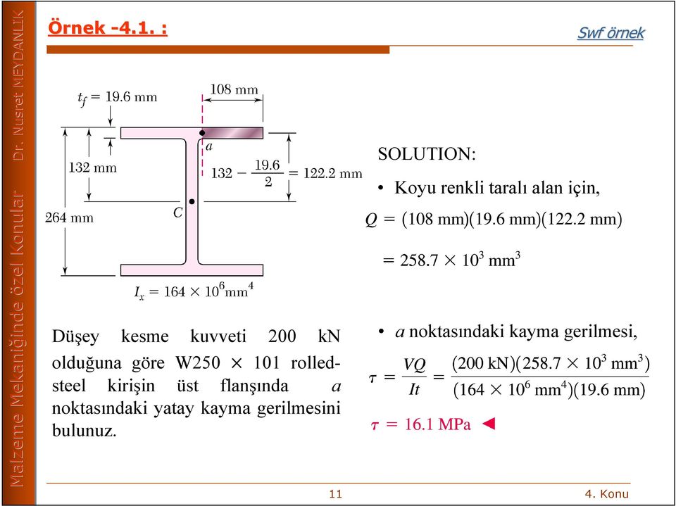 rolledsteel kirişin üst flanşında a noktasındaki yatay