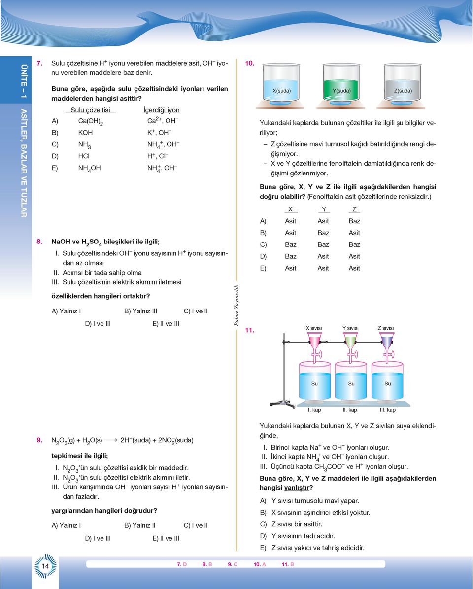 Sulu çözeltisi İçerdiği iyon A) Ca(OH) 2 Ca 2+, OH B) KOH K +, OH C) NH 3 NH 4 +, OH D) HCl H +, Cl E) NH 4 OH NH 4 +, OH 8. NaOH ve H 2 bileşikleri ile ilgili; I.