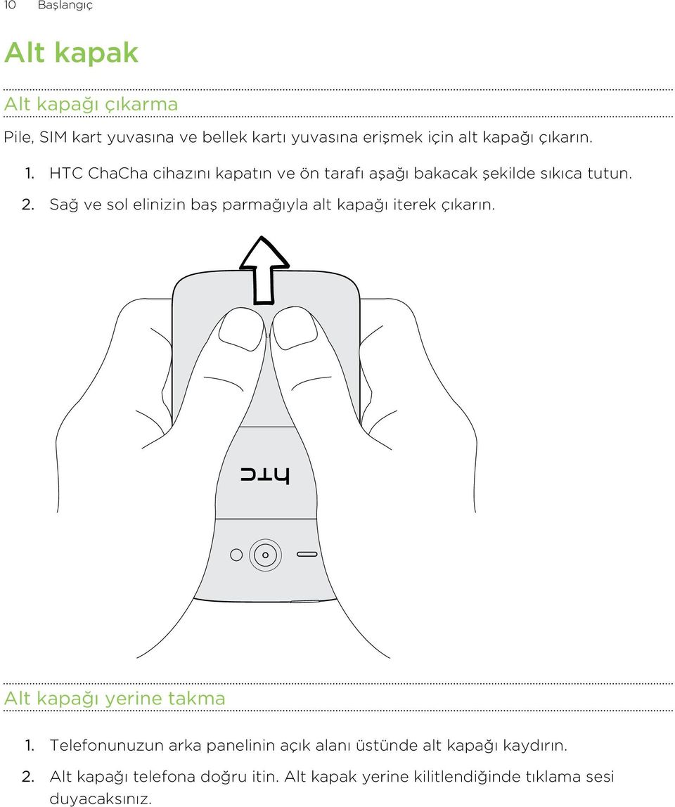 Sağ ve sol elinizin baş parmağıyla alt kapağı iterek çıkarın. Alt kapağı yerine takma 1.