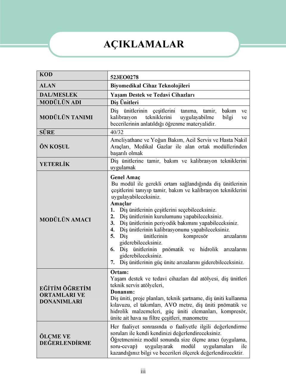 SÜRE 40/32 Ameliyathane ve Yoğun Bakım, Acil Servis ve Hasta Nakil ÖN KOŞUL Araçları, Medikal Gazlar ile alan ortak modüllerinden başarılı olmak Diş ünitlerine tamir, bakım ve kalibrasyon