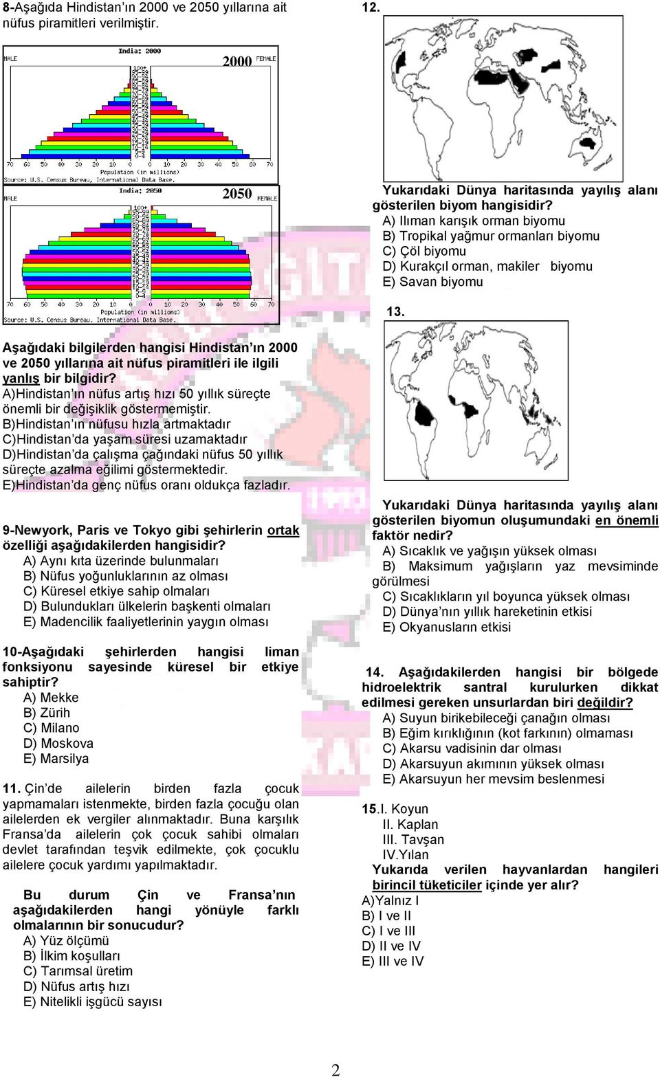 Aşağıdaki bilgilerden hangisi Hindistan ın 2000 ve 2050 yıllarına ait nüfus piramitleri ile ilgili yanlış bir bilgidir?