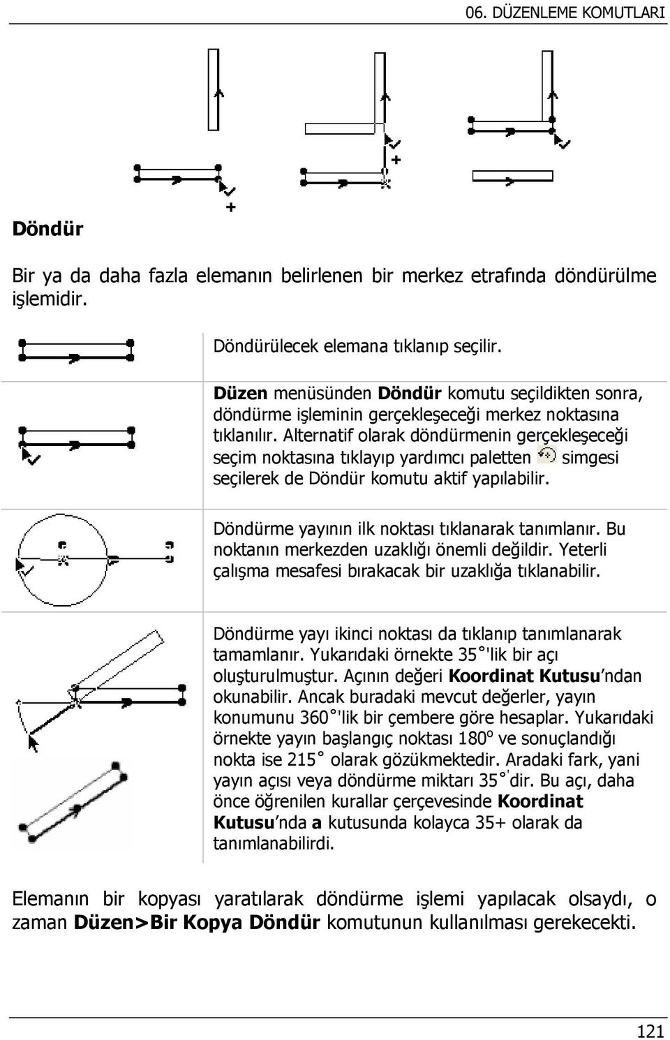 Alternatif olarak döndürmenin gerçekleşeceği seçim noktasına tıklayıp yardımcı paletten simgesi seçilerek de Döndür komutu aktif yapılabilir. Döndürme yayının ilk noktası tıklanarak tanımlanır.