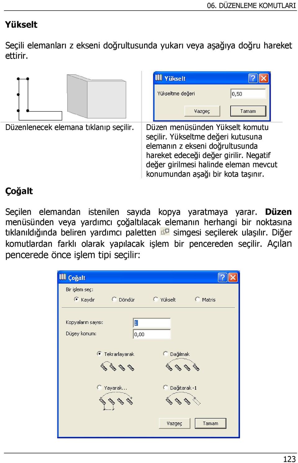 Negatif değer girilmesi halinde eleman mevcut konumundan aşağı bir kota taşınır. Çoğalt Seçilen elemandan istenilen sayıda kopya yaratmaya yarar.