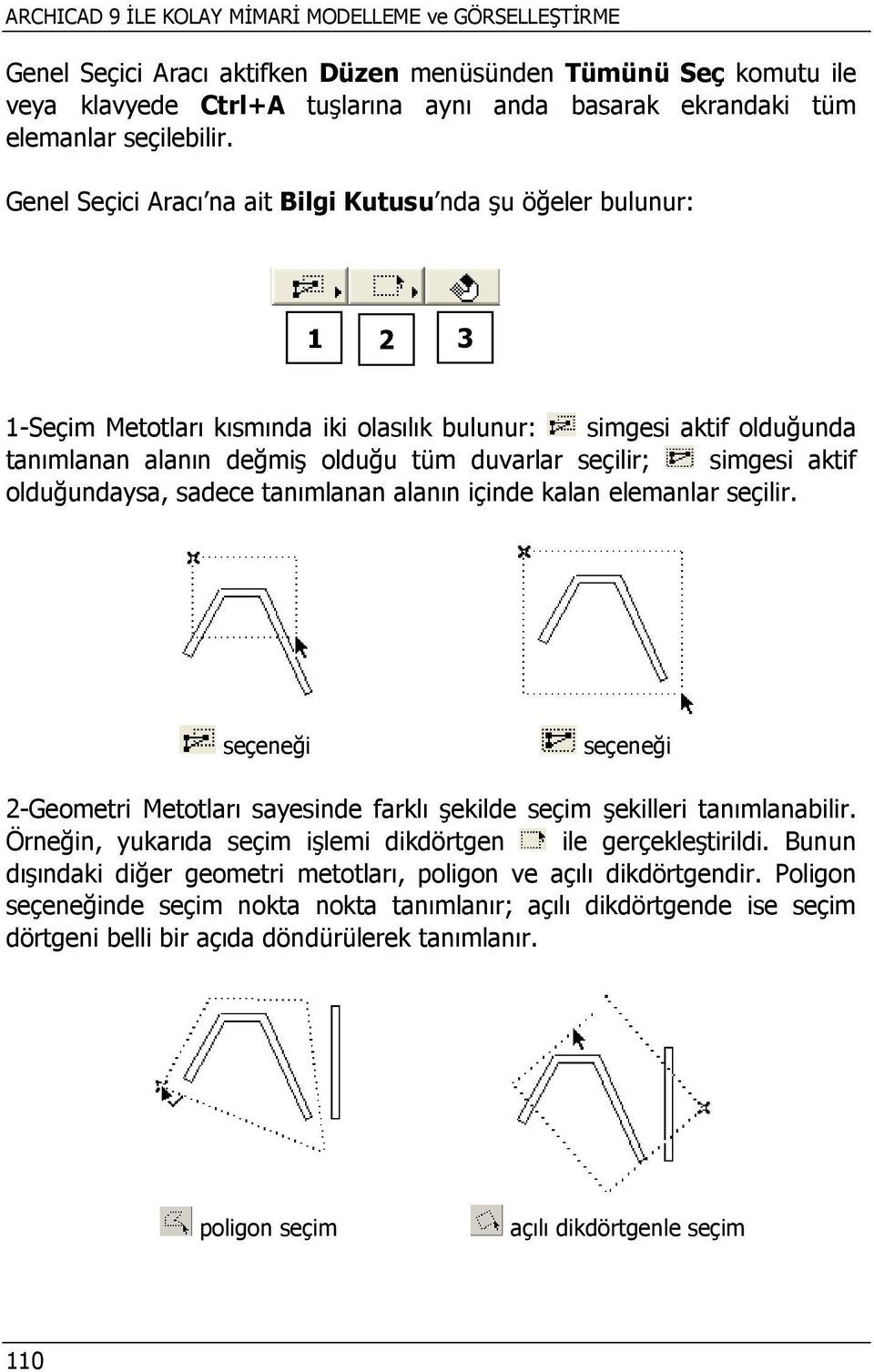 Genel Seçici Aracı na ait Bilgi Kutusu nda şu öğeler bulunur: 1 2 3 1-Seçim Metotları kısmında iki olasılık bulunur: simgesi aktif olduğunda tanımlanan alanın değmiş olduğu tüm duvarlar seçilir;