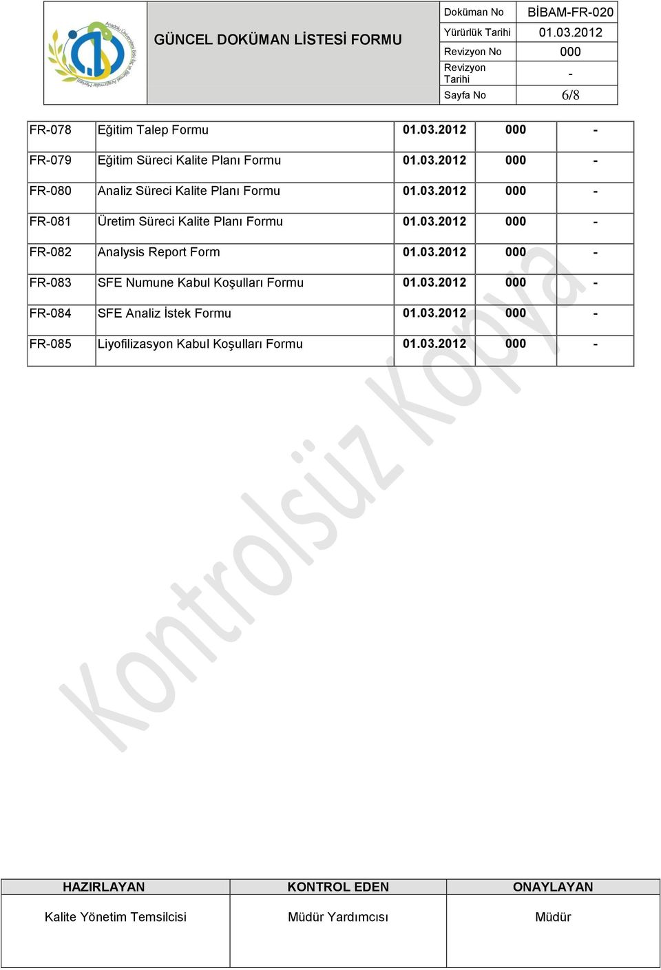 Kalite Planı Formu FR-082 Analysis Report Form FR-083 SFE Numune Kabul