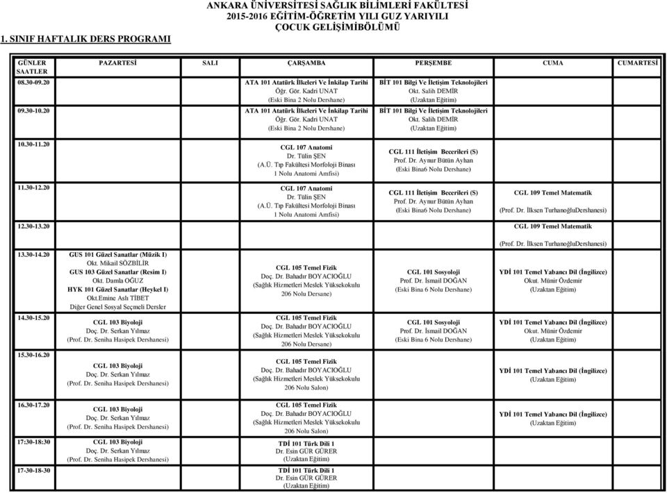 Tıp Fakültesi Morfoloji Binası 1 Nolu Anatomi Amfisi) CGL 111 İletişim Becerileri (S) Prof. Dr. Aynur Bütün Ayhan (Eski Bina6 Nolu Dershane) 11.30-12.20 CGL 107 Anatomi Dr. Tülin ŞEN (A.Ü.