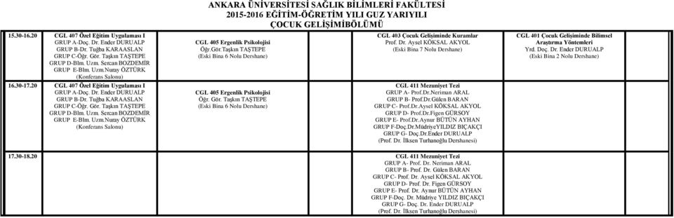 Dr.Figen GÜRSOY GRUP E- Prof.Dr.Aynur BÜTÜN AYHAN GRUP F-Doç.Dr.MüdriyeYILDIZ BIÇAKÇI GRUP G- Doç.Dr.Ender DURUALP (Prof. Dr. İlksen Turhanoğlu Dershanesi) 17.30-18.