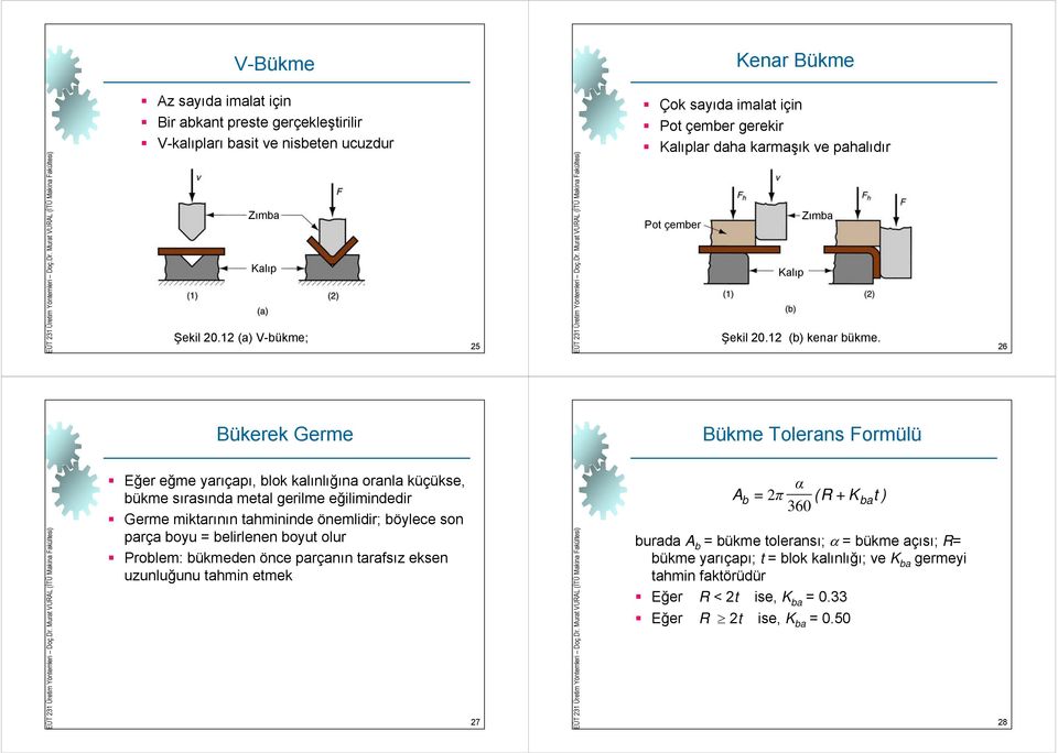 26 Bükerek Germe Bükme Tolerans Formülü Eğer eğme yarıçapı, blok kalınlığına oranla küçükse, bükme sırasında metal gerilme eğilimindedir Germe miktarının tahmininde önemlidir; böylece son