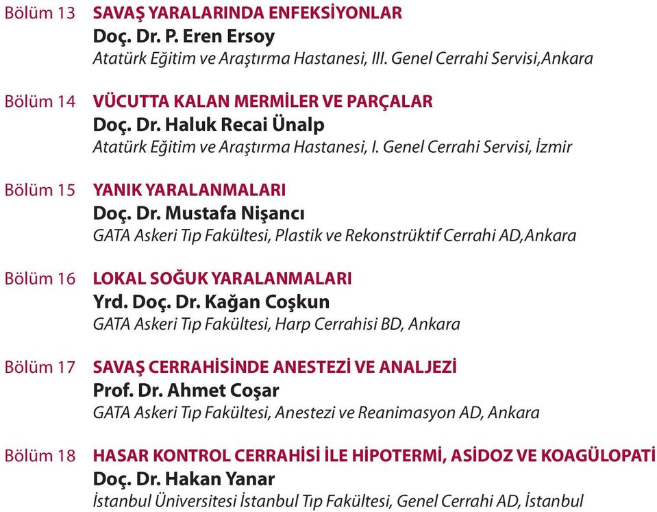 Doç. Dr. Kağan Coşkun GATA Askeri Tıp Fakültesi, Harp Cerrahisi BD, Ankara SAVAŞ CERRAHİSİNDE ANESTEZİ VE ANALJEZİ Prof. Dr. Ahmet Coşar GATA Askeri Tıp Fakültesi, Anestezi ve Reanimasyon AD, Ankara HASAR KONTROL CERRAHİSİ İLE HİPOTERMİ, ASİDOZ VE KOAGÜLOPATİ Doç.