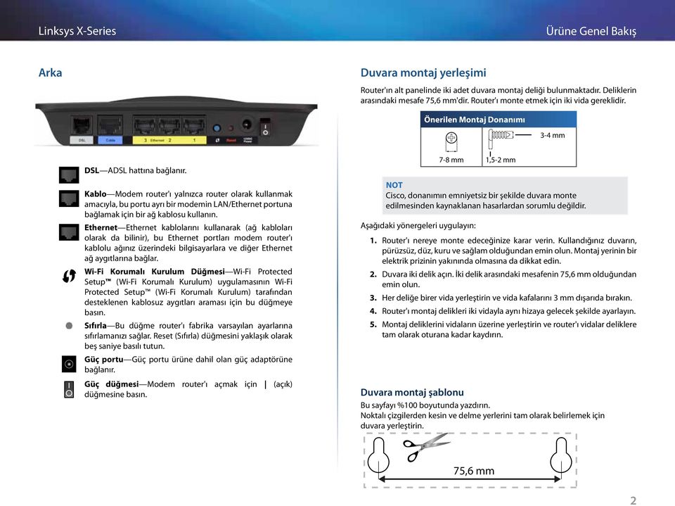 Kablo Modem router'ı yalnızca router olarak kullanmak amacıyla, bu portu ayrı bir modemin LAN/Ethernet portuna bağlamak için bir ağ kablosu kullanın.