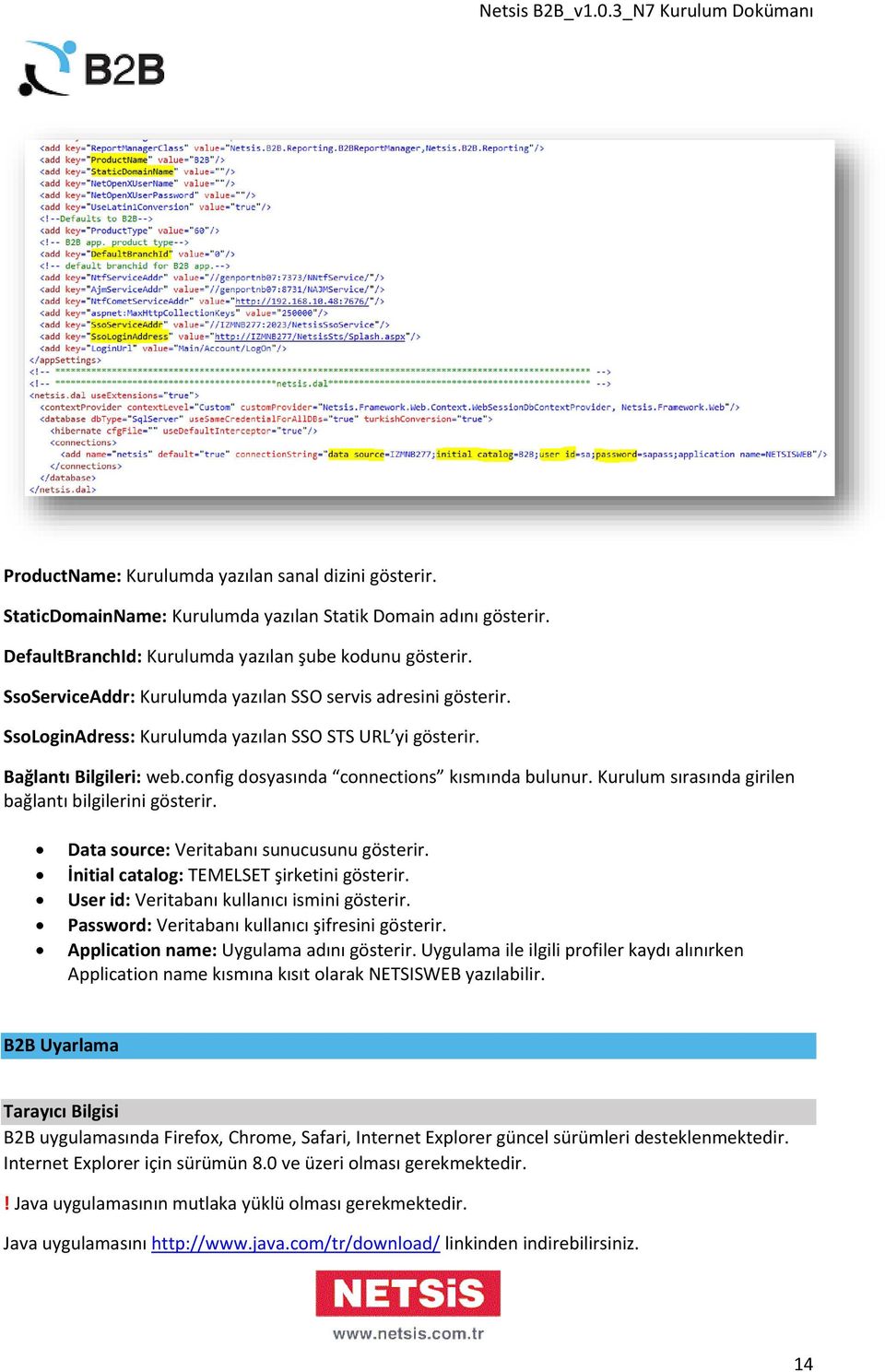 Kurulum sırasında girilen bağlantı bilgilerini gösterir. Data source: Veritabanı sunucusunu gösterir. İnitial catalog: TEMELSET şirketini gösterir. User id: Veritabanı kullanıcı ismini gösterir.