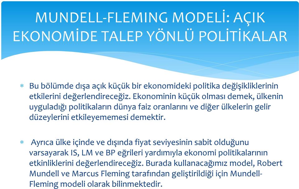 Ekonominin küçük olması demek, ülkenin uyguladığı politikaların dünya faiz oranlarını ve diğer ülkelerin gelir düzeylerini etkileyememesi demektir.