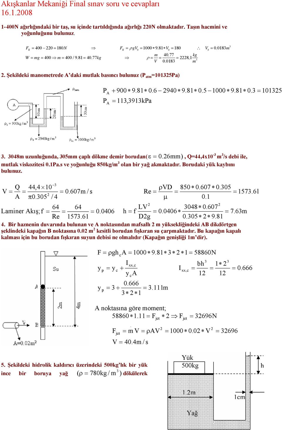 08m uzunluğunda, 05mm çaplı dökme demir borudan( ε 0.6mm), Q,x0 - m /s debi ile, mutlak viskozitesi 0.a.s ve yoğunluğu 850kg/m olan bir yağ akmaktadır. orudaki yük kaybını bulunuz. Q, 0 π0.05 / 0.