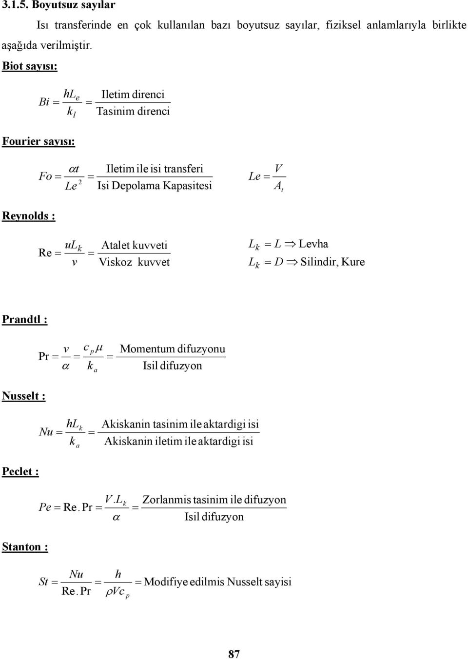 Atalet kuvveti Viskoz kuvvet L L k k L Leva Silindir, Kure Prandtl : v c p μ Pr α k a Momentum difuzyonu Isil difuzyon Nusselt : L Nu k Peclet : a k Akiskanin