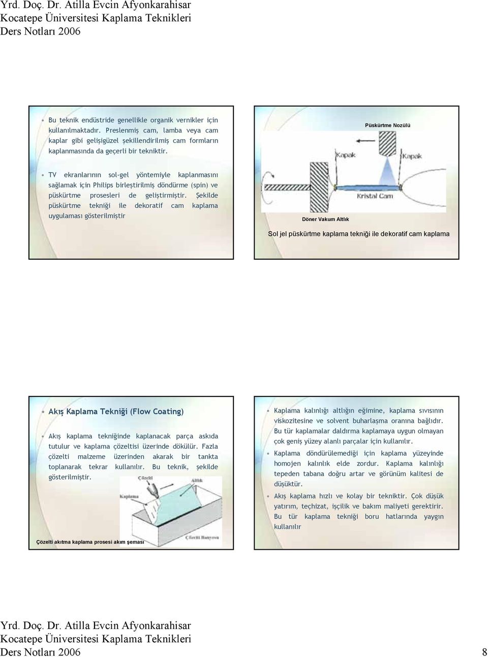 Şekilde püskürtme tekniği ile dekoratif cam kaplama uygulaması gösterilmiştir Döner Vakum Altlık Sol jel püskürtme kaplama tekniği ile dekoratif cam kaplama Akış Kaplama Tekniği (Flow Coating) Akış