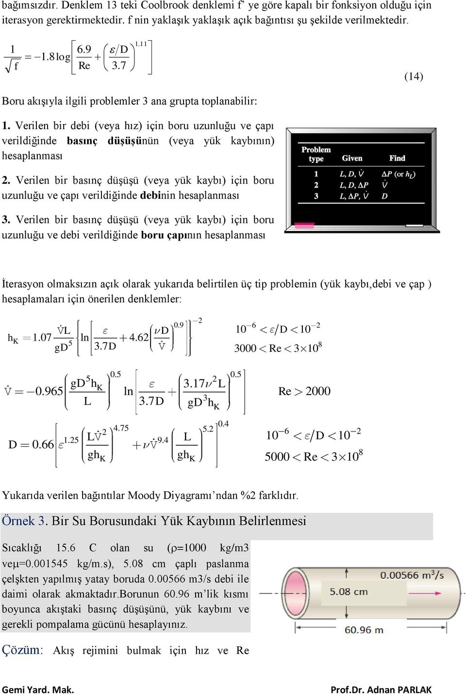 Verilen bir basınç düşüşü (veya yük kaybı) için boru uzunluğu ve çapı verildiğinde debinin hesaplanması.