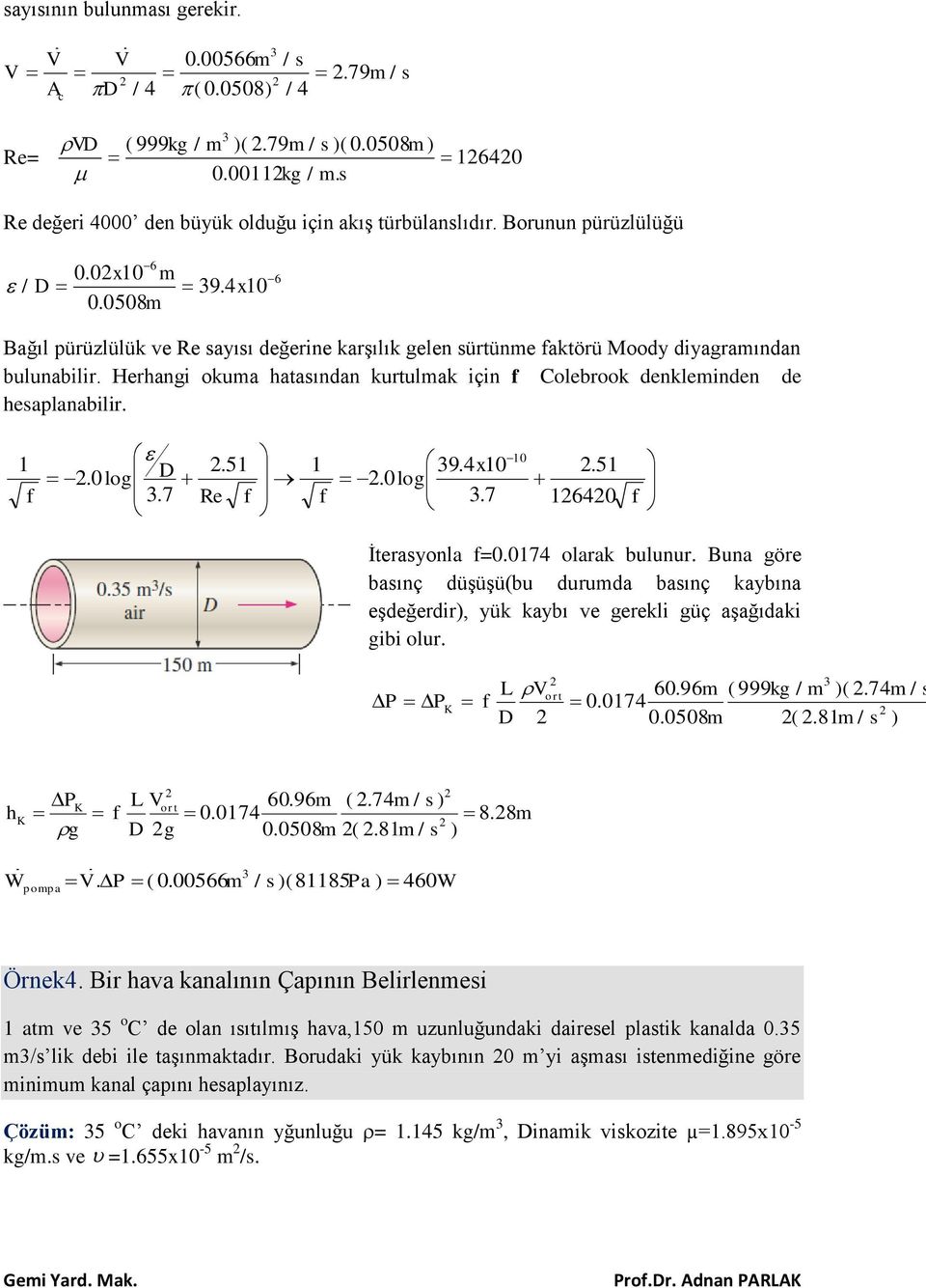 Herhangi okuma hatasından kurtulmak için f Colebrook denkleminden de hesaplanabilir. 10 1 D. 51 1 9. x10. 51. 0log. 0log f. 7 Re f f. 7 160 f İterasyonla f=017 olarak bulunur.