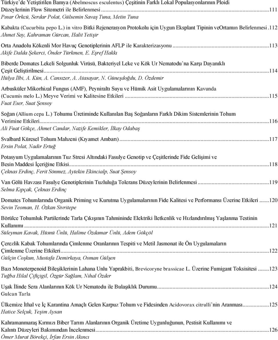112 Ahmet Say, Kahraman Gürcan, Halit Yetişir Orta Anadolu Kökenli Mor Havuç Genotiplerinin AFLP ile Karakterizasyonu...113 Akife Dalda Şekerci, Önder Türkmen, E.