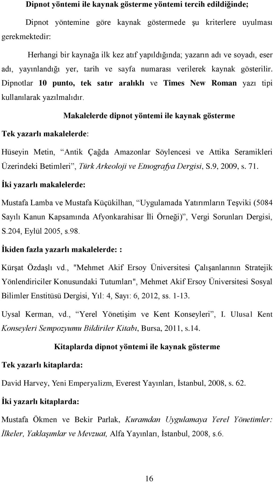 Makalelerde dipnot yöntemi ile kaynak gösterme Tek yazarlı makalelerde: Hüseyin Metin, Antik Çağda Amazonlar Söylencesi ve Attika Seramikleri Üzerindeki Betimleri, Türk Arkeoloji ve Etnografya