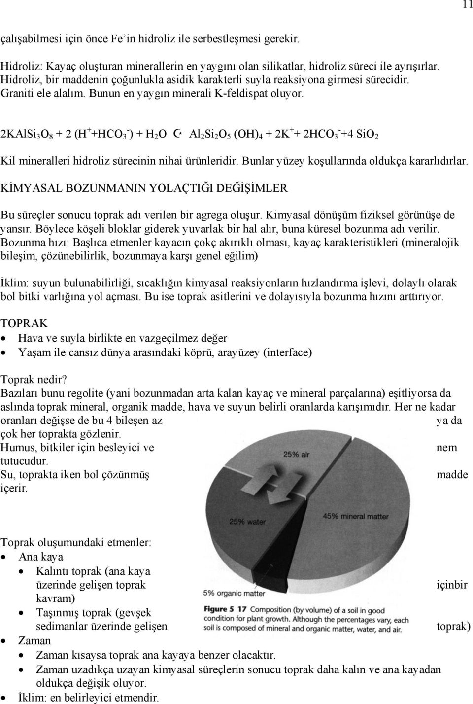 2KAlSi 3 O 8 + 2 (H + +HCO 3 - ) + H 2 O Al 2 Si 2 O 5 (OH) 4 + 2K + + 2HCO 3 - +4 SiO 2 Kil mineralleri hidroliz sürecinin nihai ürünleridir. Bunlar yüzey koşullarında oldukça kararlıdırlar.