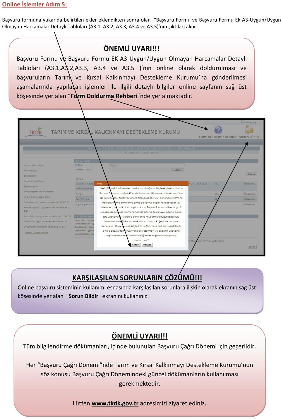 5) nın çıktıları alınır. ÖNEMLİ UYARI!!! Başvuru Formu ve Başvuru Formu EK A3-Uygun/Uygun Olmayan Harcamalar Detaylı Tabloları (A3.1,A3.2,A3.3, A3.