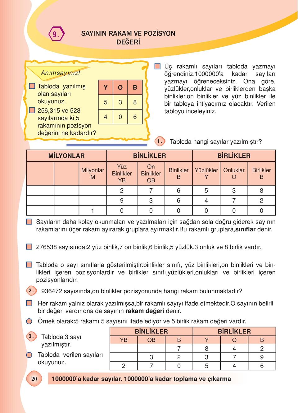 Ona göre, yüzlükler,onluklar ve birliklerden başka binlikler,on binlikler ve yüz binlikler ile bir tabloya ihtiyacımız olacaktır. Verilen tabloyu inceleyiniz. Tabloda hangi sayılar yazılmıştır?