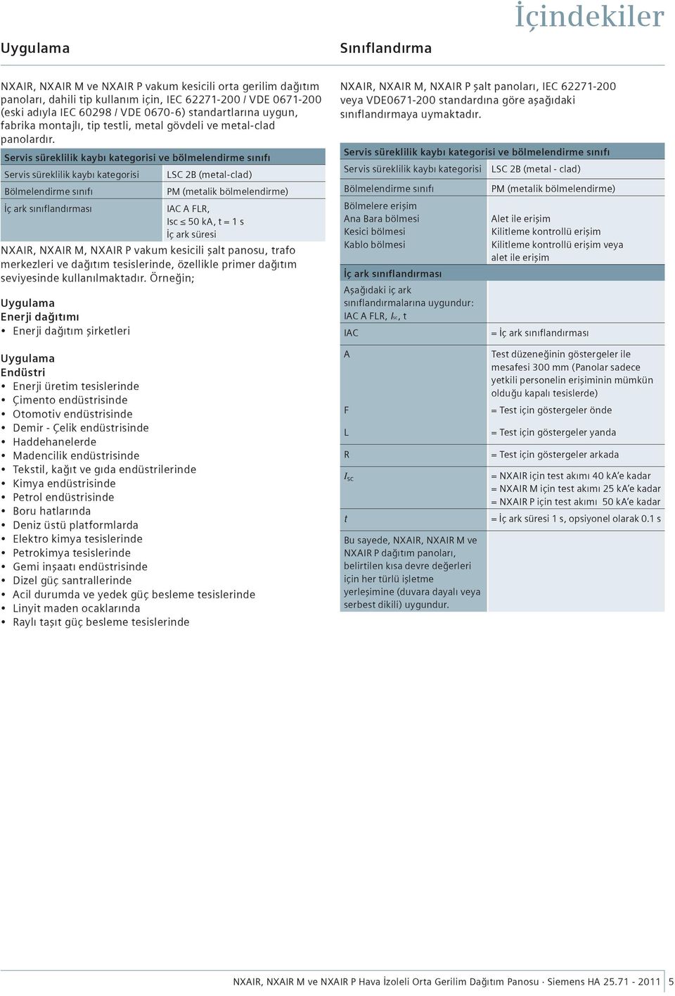 Servis süreklilik kaybı kategorisi ve bölmelendirme sınıfı Servis süreklilik kaybı kategorisi Bölmelendirme sınıfı İç ark sınıflandırması NXAIR, NXAIR M, NXAIR P vakum kesicili şalt panosu, trafo