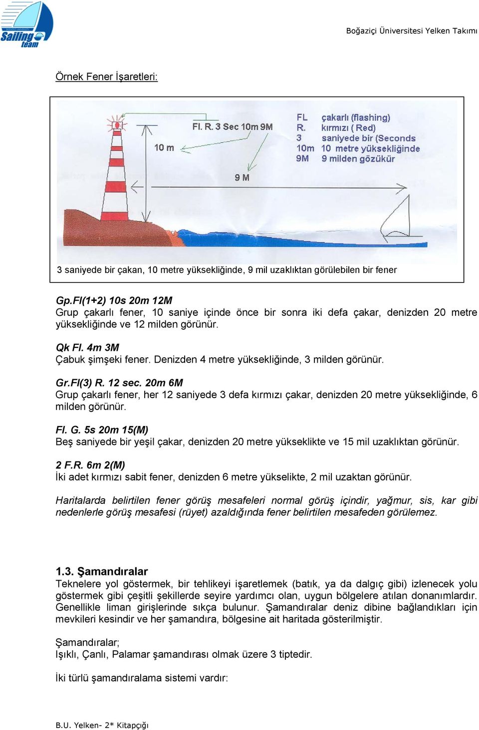 Denizden 4 metre yüksekliğinde, 3 milden görünür. Gr.FI(3) R. 12 sec. 20m 6M Grup çakarlı fener, her 12 saniyede 3 defa kırmızı çakar, denizden 20 metre yüksekliğinde, 6 milden görünür. Fl. G. 5s 20m 15(M) Beş saniyede bir yeşil çakar, denizden 20 metre yükseklikte ve 15 mil uzaklıktan görünür.