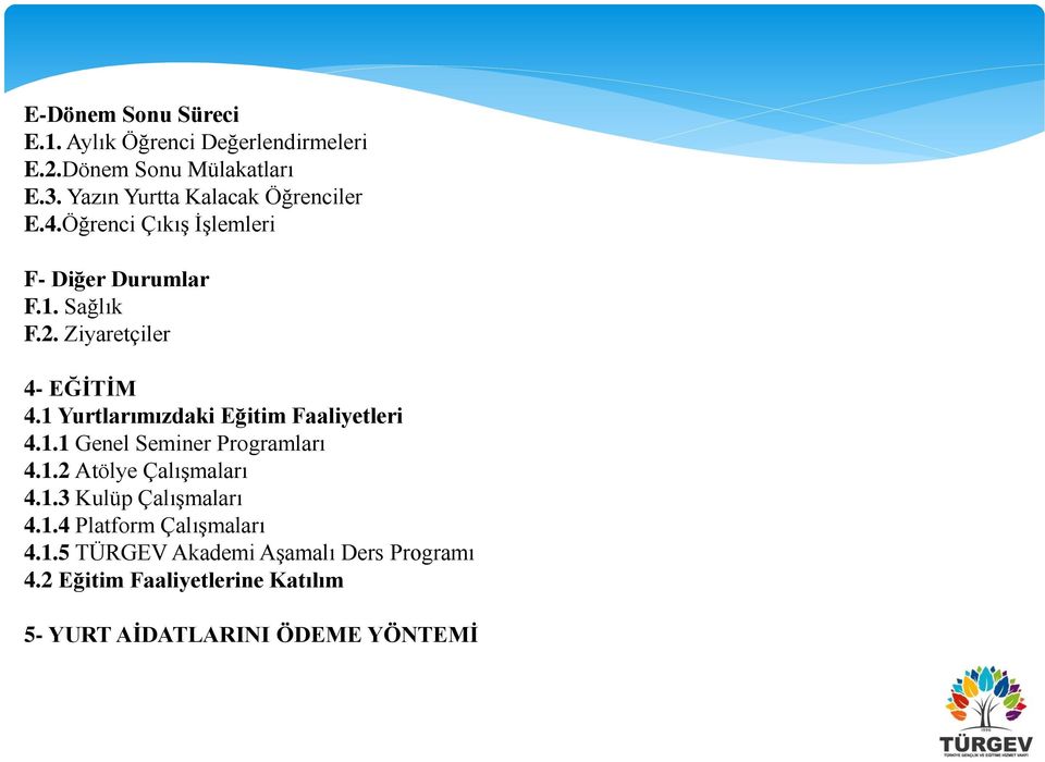 Ziyaretçiler 4- EĞİTİM 4.1 Yurtlarımızdaki Eğitim Faaliyetleri 4.1.1 Genel Seminer Programları 4.1.2 Atölye Çalışmaları 4.