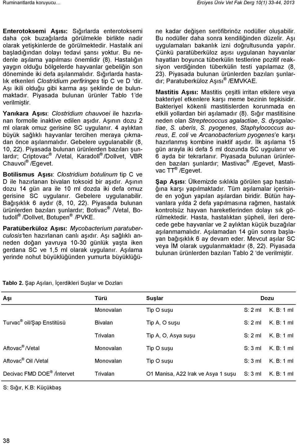 Sığırlarda hastalık etkenleri Clostridium perfiringes tip C ve D dir. Aşı ikili olduğu gibi karma aşı şeklinde de bulunmaktadır. Piyasada bulunan ürünler Tablo 1 de verilmiştir.