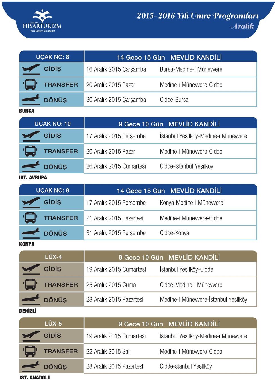 Perşembe Konya-Medine-i Münevvere 21 Aralık 2015 Pazartesi Medine-i Münevvere-Cidde 31 Aralık 2015 Perşembe Cidde-Konya KONYA LÜX-4 MEVLİD KANDİLİ 19 Aralık 2015 Cumartesi İstanbul Yeşilköy-Cidde 25