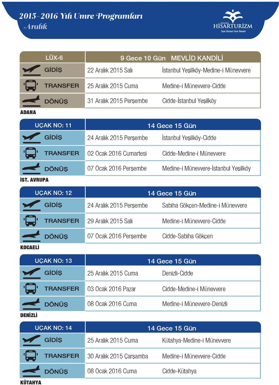 Gökçen-Medine-i Münevvere 29 Aralık 2015 Salı Medine-i Münevvere-Cidde 07 Ocak 2016 Perşembe Cidde-Sabiha Gökçen KOCAELİ UÇAK NO: 13 25 Aralık 2015 Cuma Denizli-Cidde 03 Ocak 2016 Pazar