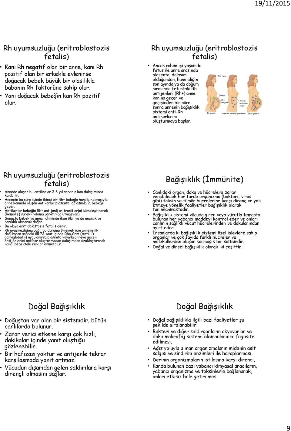 Rh uyumsuzluğu (eritroblastozis fetalis) Ancak rahim içi yaşamda fetus ile anne arasında plasental dolaşım olduğundan, hamileliğin son ayında ya da doğum sırasında fetustaki Rh antijenleri (Rh+) anne