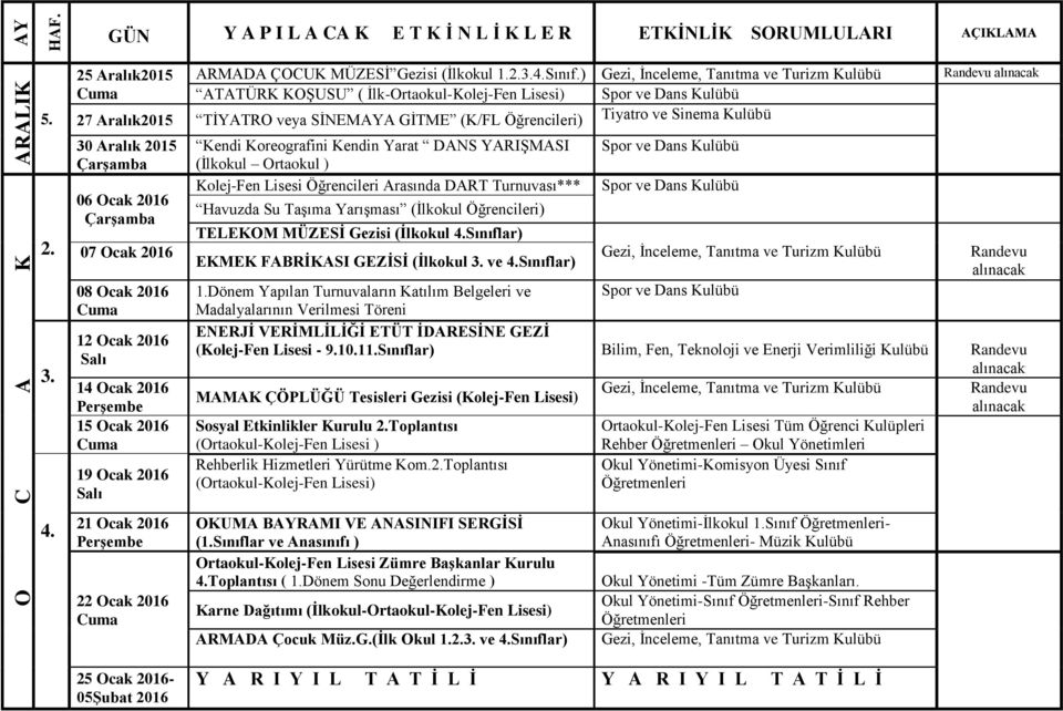 2016 14 Ocak 2016 15 Ocak 2016 19 Ocak 2016 21 Ocak 2016 22 Ocak 2016 Kendi Koreografini Kendin Yarat DANS YARIŞMASI (İlkokul Ortaokul ) Kolej-Fen Lisesi Öğrencileri Arasında DART Turnuvası***