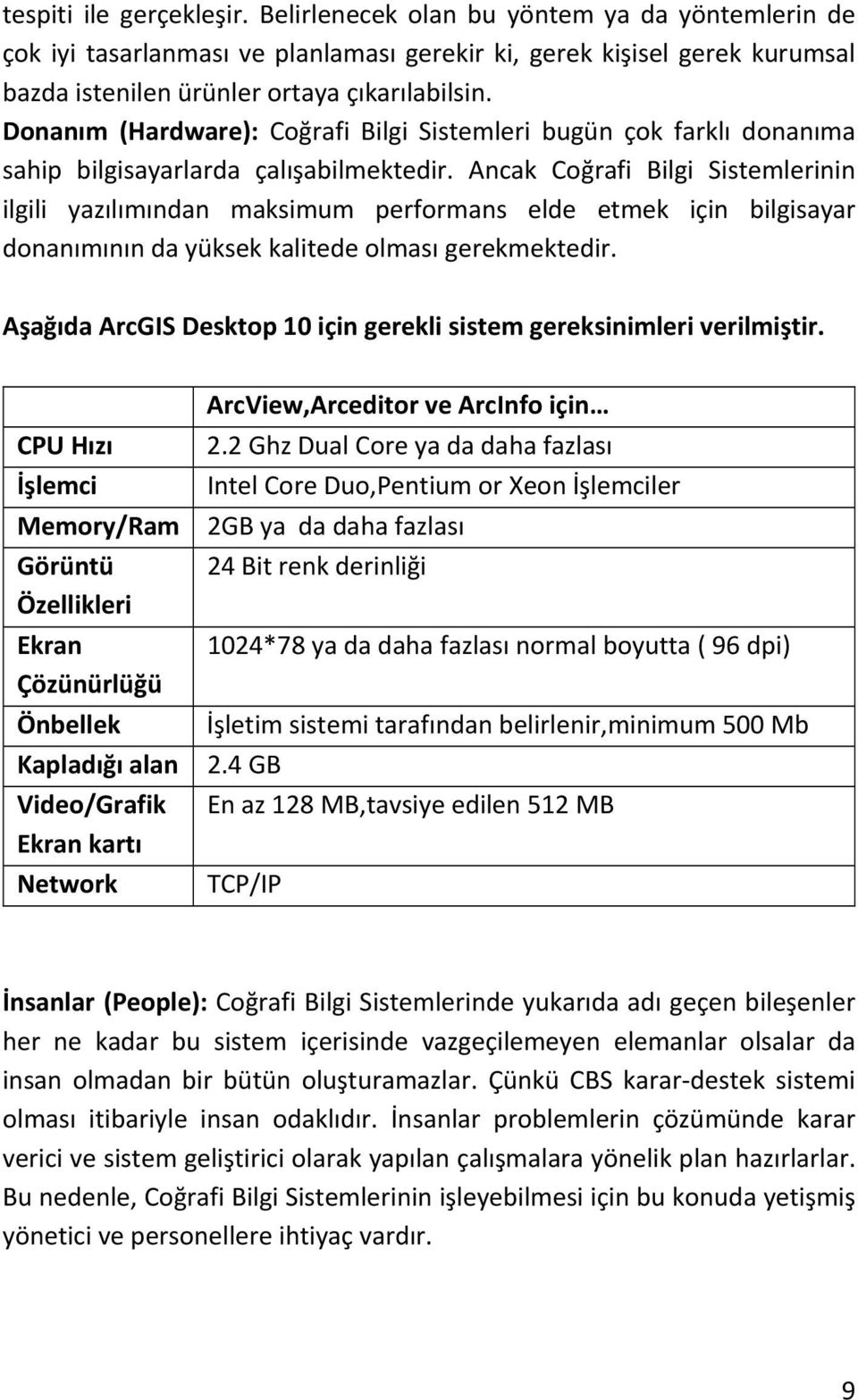 Ancak Coğrafi Bilgi Sistemlerinin ilgili yazılımından maksimum performans elde etmek için bilgisayar donanımının da yüksek kalitede olması gerekmektedir.