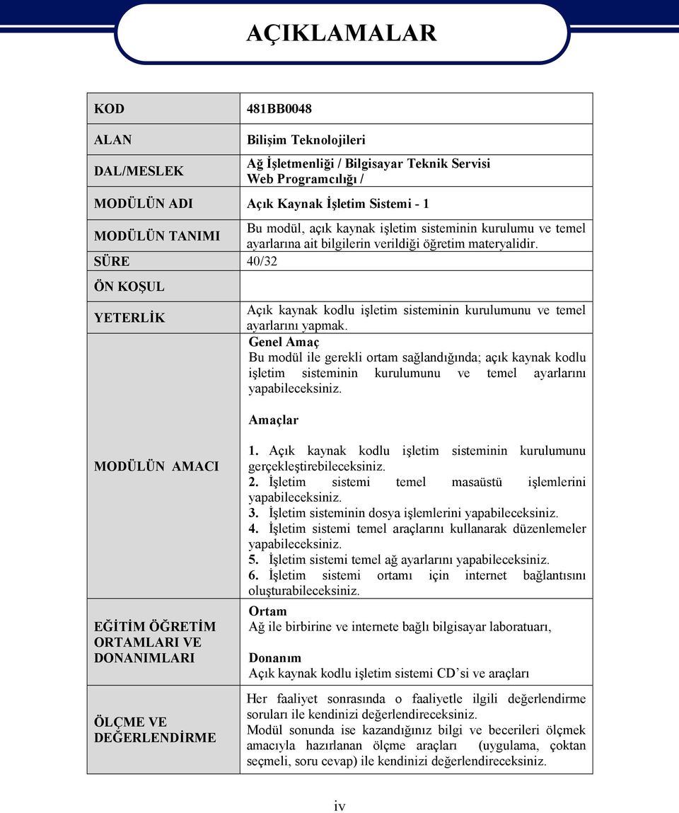 SÜRE 40/32 ÖN KOŞUL YETERLİK Açık kaynak kodlu işletim sisteminin kurulumunu ve temel ayarlarını yapmak.